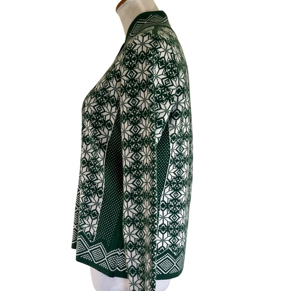 SOLD Women's Petite Appleseed's Fair Isle Cardigan Sweater Green Button Front - Picture 2 of 8